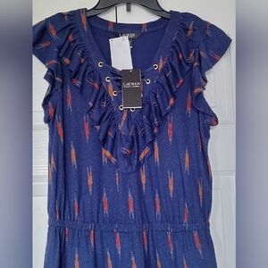 Lauren Ralph Lauren women's Tiered Ruffle Dress Pullover Navy Blue Comfy Size M